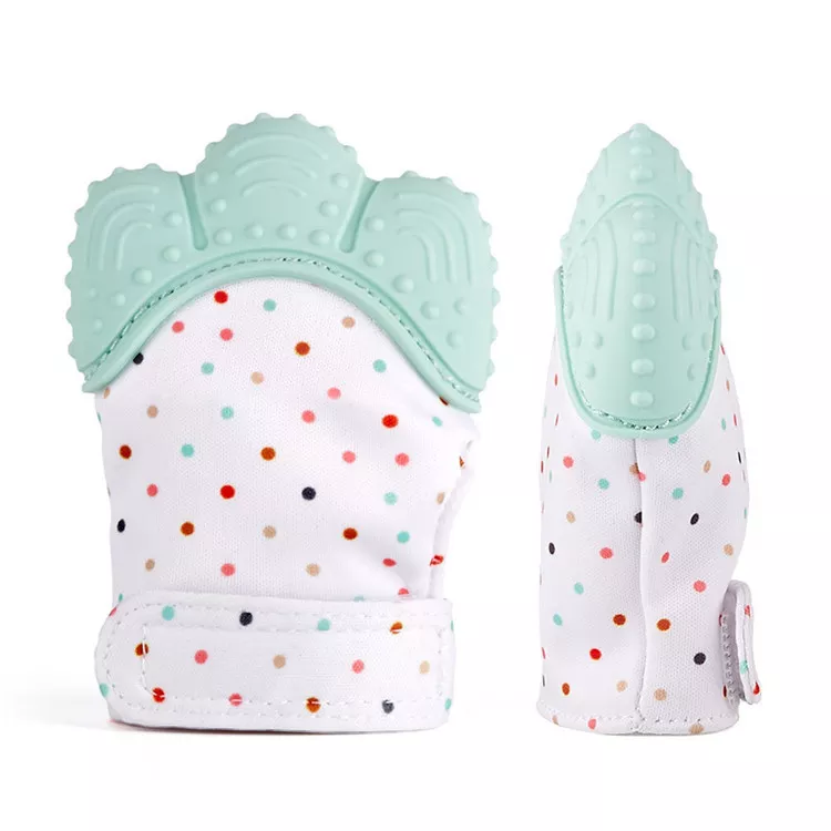 Mint Green Dots Blue Dots Silicone Teething Mittens For Babies